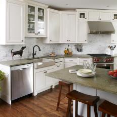 Bright, Transitional Kitchen Features Neutral, Gray & White Tones