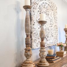 Fixer Upper: Tall Candle Sticks Decorate Living Room 