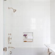 Beautiful White Marble Shower With Nickel Fixtures