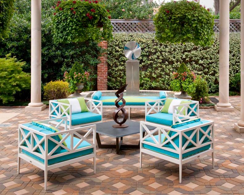White Outdoor Furniture With Turquoise Cushions & Lime Green Pillows
