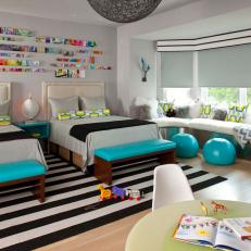 Boy's Bedroom Features Window Seat & Bright Turquoise Accents