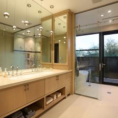 Contemporary White Bathroom with Long Pine Vanity 