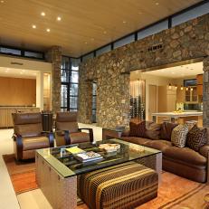 Warm Southwestern Living Room with Stone Accent Wall 