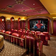 Formal Red and Gold Movie Theater with Ornate Details