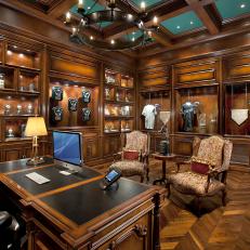 Traditional Office with Wood Paneling and Floors 