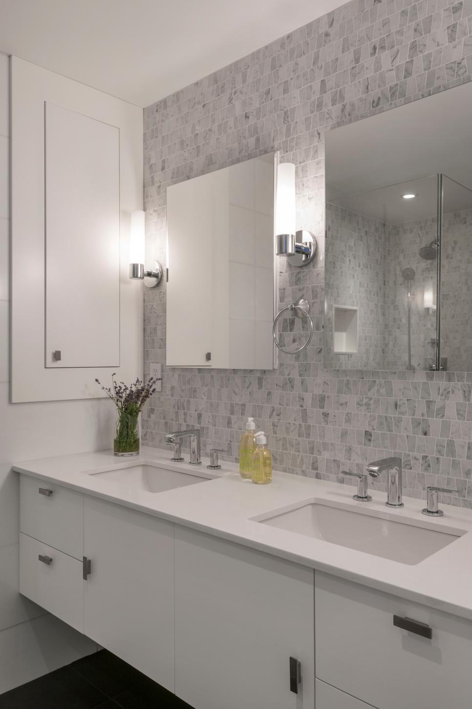 Crisp White Modern Bathroom with Mosaic Tile Accent Wall | HGTV