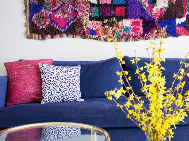 Contemporary Living Room with Bohemian Rug and Blue Sofa
