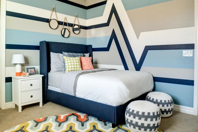 Neutral & Blue Contemporary Bedroom With Blue Bed and White Nightstand