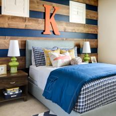 Eclectic Boy's Room With Wood Striped Accent Wall