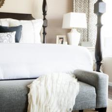 Gray Upholstered Bench and Canopy Bed