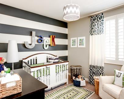 Transitional Boy's Nursery With Black and White Striped Accent Wall | HGTV