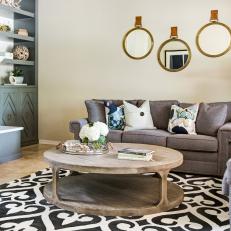 Neutral Transitional Living Room With Round Mirrors