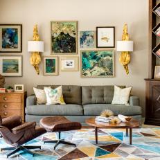 Multicolored Midcentury Living Room With Gallery Wall