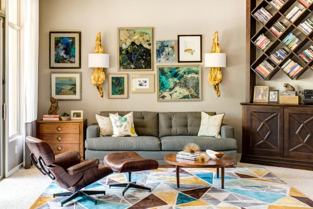 Multicolored Midcentury Living Room With Gallery Wall Hgtv