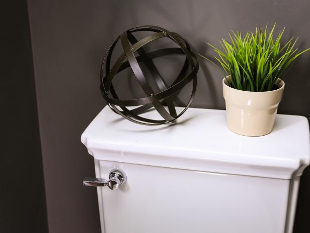 Metal Sphere and Plant on Toilet 