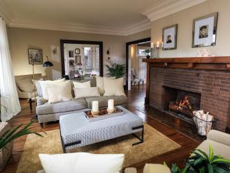 Living Room with Brick Fireplace and Neutral Furniture