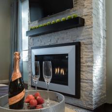 White Brick Fireplace and Mantel With Apples