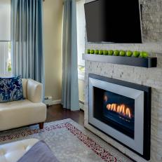 White and Blue Transitional Living Room With Fireplace