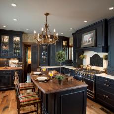 Traditional Black Kitchen With Wood-Topped Island
