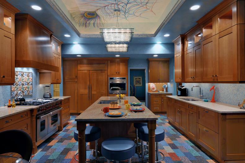 Blue Kitchen With Wood Cabinets, Colorful Floor & Long Island