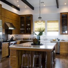 Brown and White Contemporary Kitchen With Glass Pendant