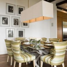 White Contemporary Dining Room With Green Chairs