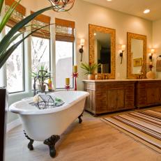 Southwestern Bathroom Features Clawfoot Tub & Double Wood Vanity 