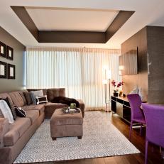 Brown Contemporary Living Room With Tray Ceiling