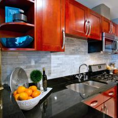 Red and Black Contemporary Kitchen With Lantern