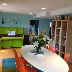 Bright Green Upright Piano Hits the Right Note in Family Room
