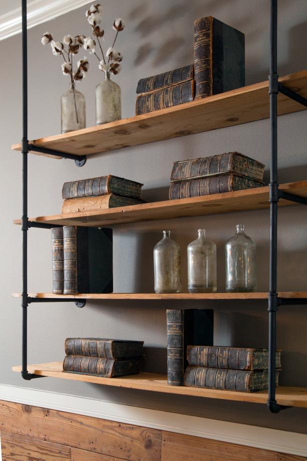 Shelf Made with Wood Planks and Black Plumbing Pipes