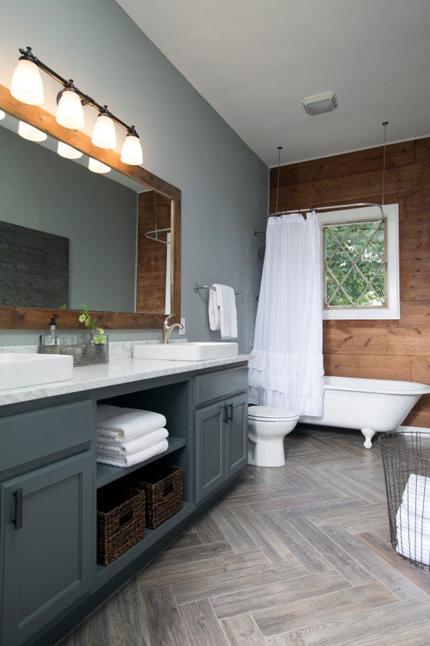 Gray Bathroom With Wood Accent Wall 