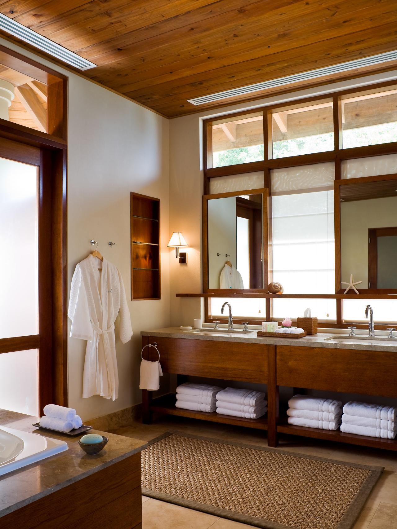 Spa Like Double Vanity Bathroom With Wood Plank Ceiling Hgtv