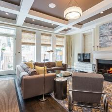 Cozy Transitional Sitting Room With Coffered Ceiling, Bamboo Window Shades and Neutral Furniture 