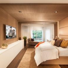 Neutral Contemporary Bedroom Features Grass Cloth Wall & Ceiling & Sitting Area