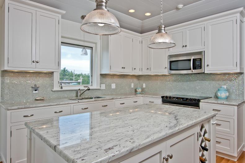 Transitional Kitchen With White Cabinets & Light Gray Countertops