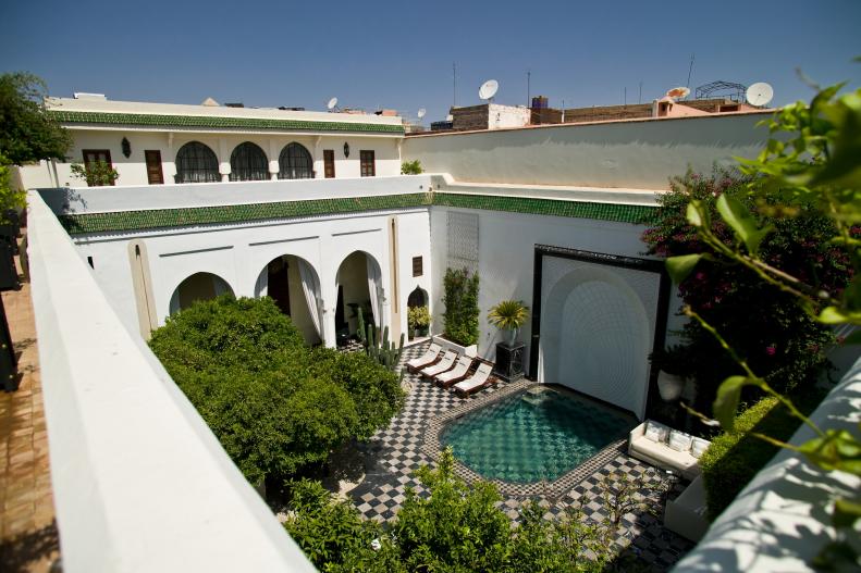 Moroccan Courtyard With Swimming Pool, Black-and-White Tile