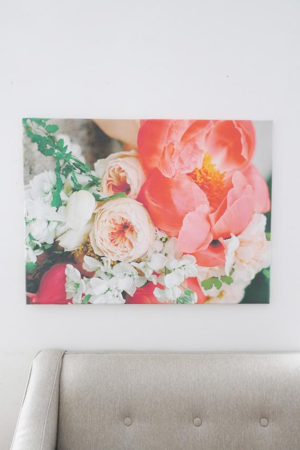 Bring the oversized floral trend into your home by creating your own, bold, floral artwork. This giant canvas covered in giant flowers is definitely a statement piece to easily fill a large, blank wall.