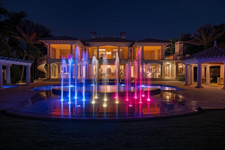 Night View of Fountains Lit in Red, White and Blue