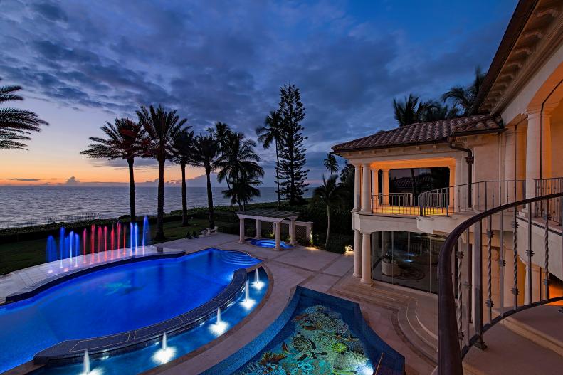 Night View of Swimming Pool and Ocean From Mediterranean Balcony