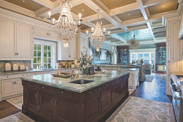 Neutral Kitchen With Large Island and Coffered Ceiling