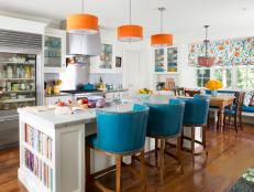 blue white and orange kitchen