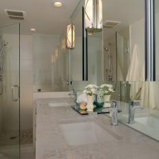 Transitional White Bathroom With Layered Mirrors