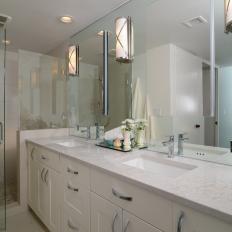 Transitional Bathroom With Large Mirror & White Vanity