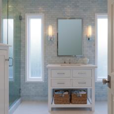 Beautiful, Bright Bathroom With White & Blue Tile Walls