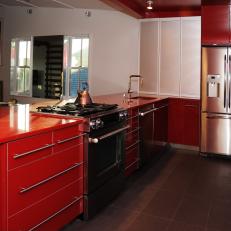 Blazing Red Cabinets & Gas Range