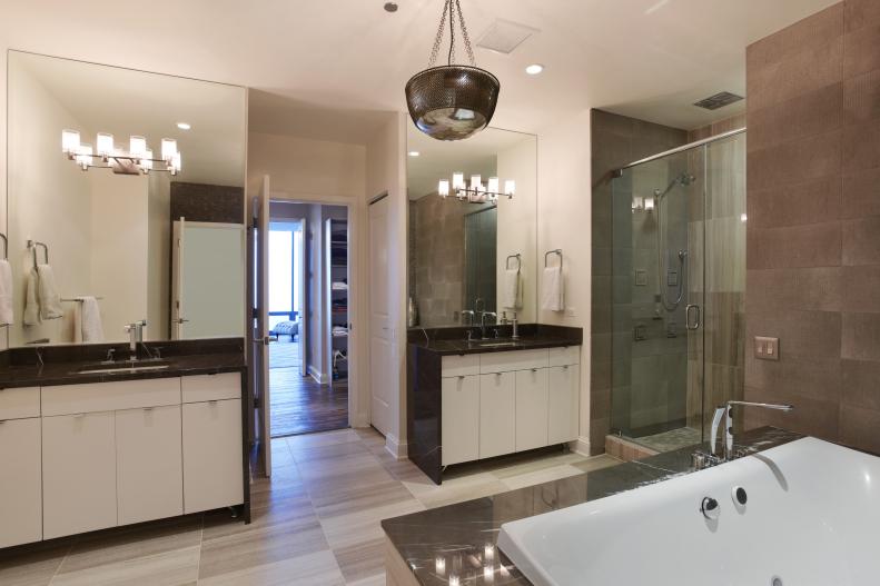 Contemporary Bathroom With Two Black & White Vanities, Walk-In Shower