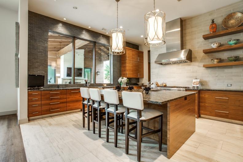 Contemporary Eat-In Kitchen With Walnut Island and Large Windows