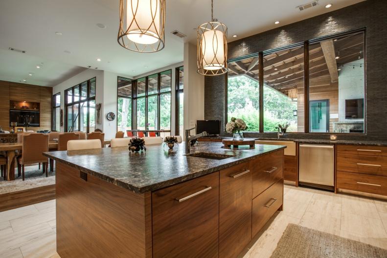 Contemporary Open Plan Kitchen With Walnut Island and Two Pendants