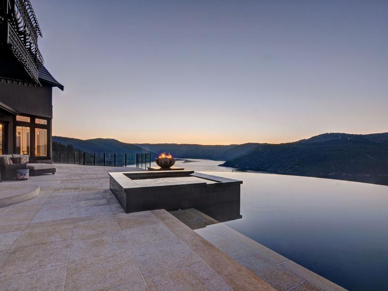 Contemporary Pool and Spa With Fire Feature & Mountain Views